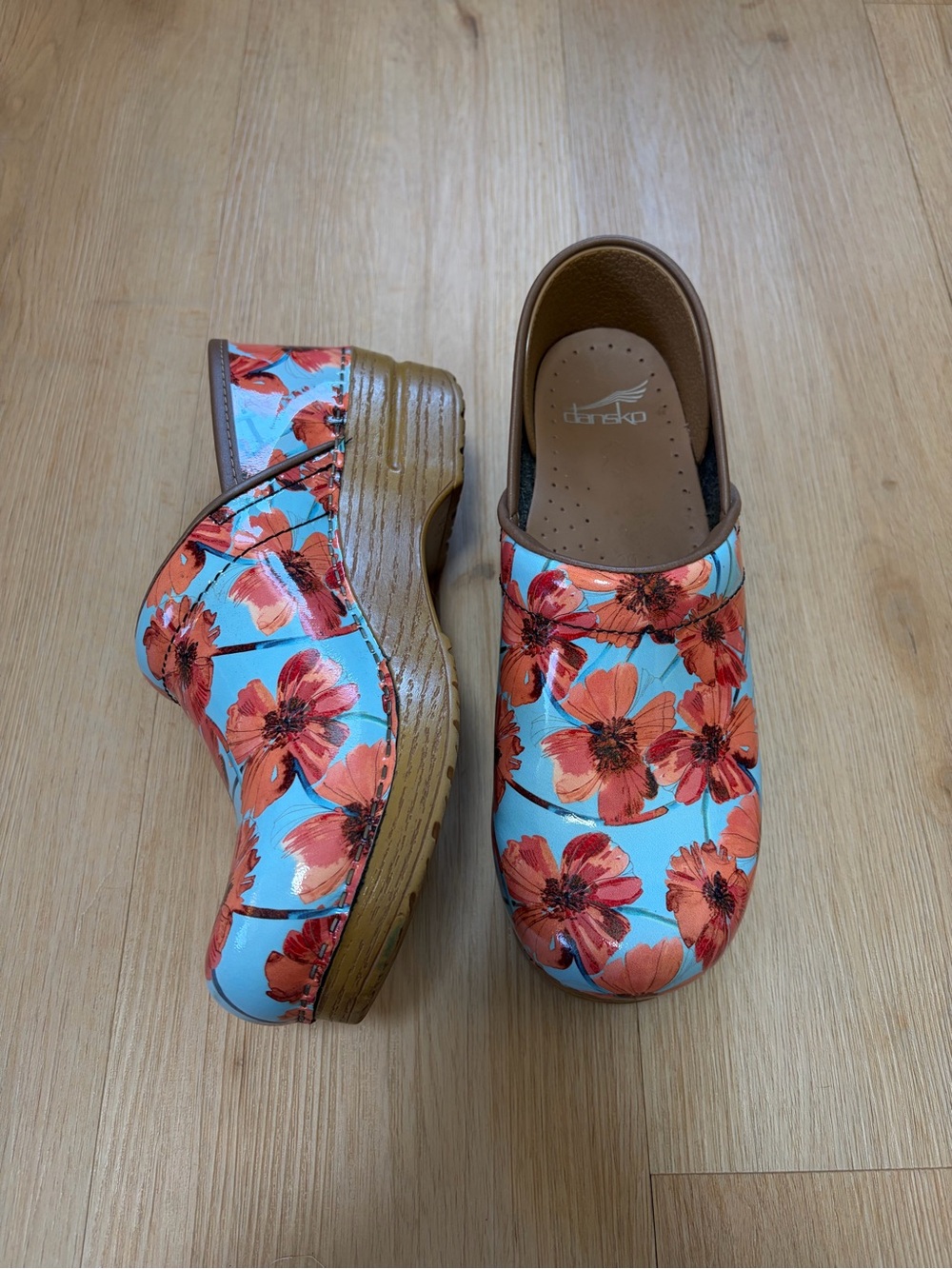 Dansko Floral Clog in Light Blue with Coral Flowers